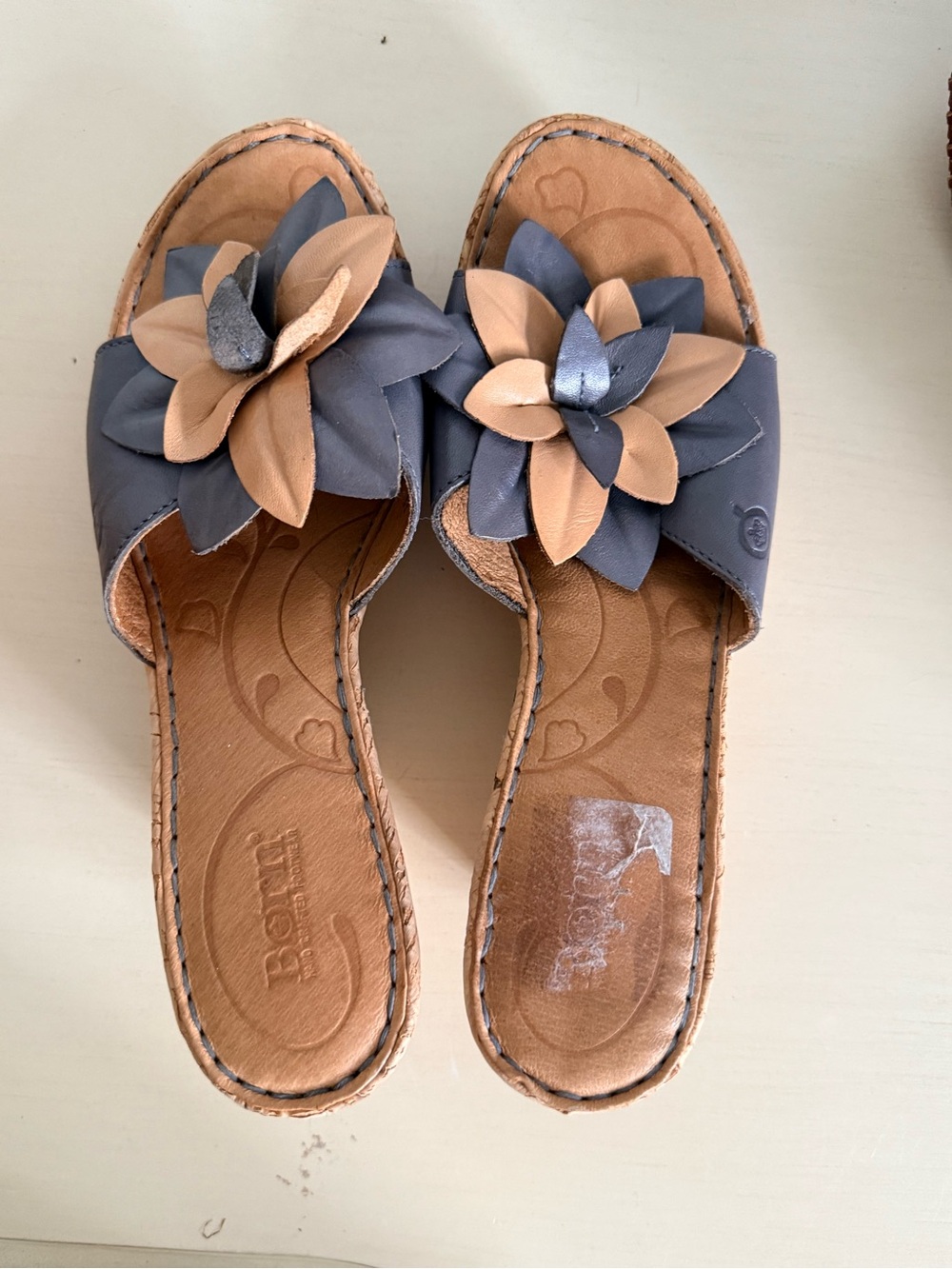 Born Blue and Tan Flower Slide Sandals